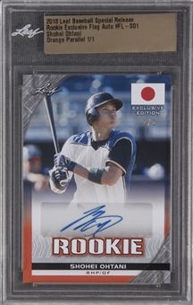 2018 Leaf Baseball Special Release Exclusive Flag #FL-S01 Shohei Ohtani Orange Parallel Signed Rookie Card (#1/1)